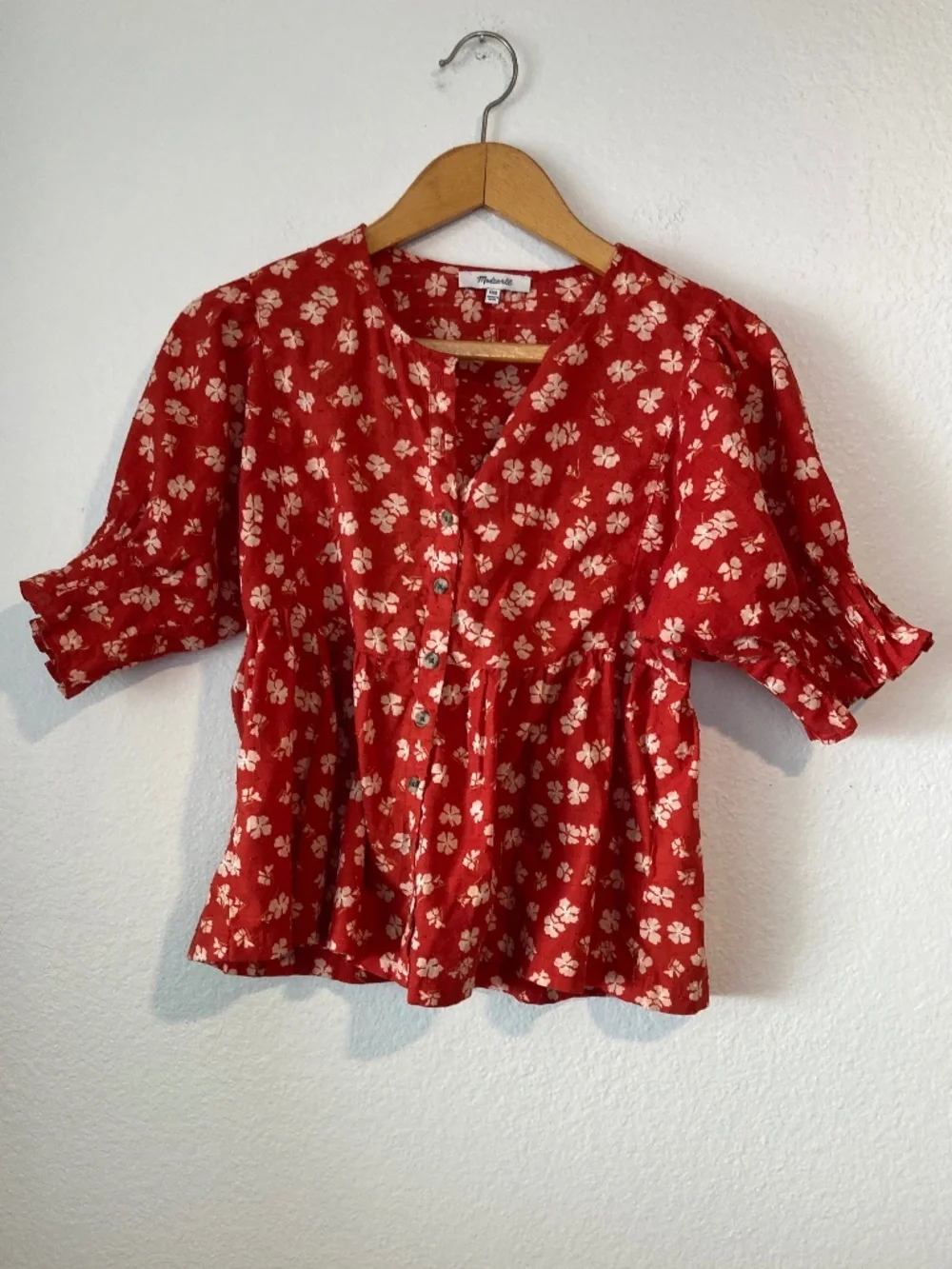 Madewell Puff-Sleeve Button-Front Top Swiss Dot Happy Hibiscus Rust Red XXS